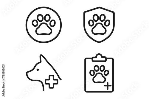 Pet health care icon set. Veterinary clinic logo symbols. Animal insurance and protection concepts. Dog head, paw print, shield, medical cross, and clipboard icons for app and web.