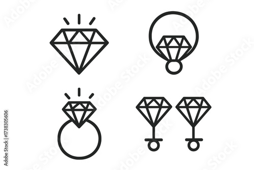 Diamond jewelry icon set. Line art collection with engagement ring, earrings, and pendant. Precious gem, brilliant stone for luxury, wedding, and gift concepts. Simple vector.