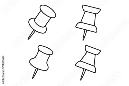 Set of push pin line icons. Simple thumbtack vector illustrations. Office stationery, map marker, and reminder symbol collection. Minimalist outline design for web print.