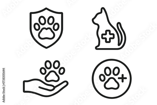 Animal health and pet care icon set. Veterinary clinic logo concepts. Vet, medicine, shelter, and insurance symbols. Dog and cat paw print signs for web, app, UI design vector.