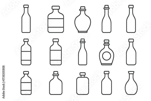 Bottle line icon set. Collection of various glass containers for liquid, drink, medicine. Editable stroke vector pictogram pack for web, apps, packaging design. Minimalist.