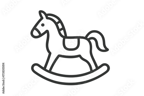 Rocking horse toy icon in a simple line art style. Classic children's wooden toy for play and fun. Nursery decoration symbol. Childhood memory concept. Vector illustration isolated.