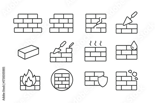 Brick wall construction line icon set. Vector concepts for building, masonry, repair, protection. Firewall, waterproof, damage, and insulation symbols. Editable stroke signs.
