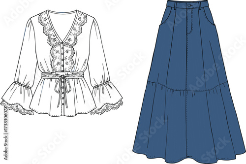 Women’s blouse and maxi skirt flat sketch, lace detailed top with belt tie, denim long skirt design, sewing pattern, fashion CAD illustration