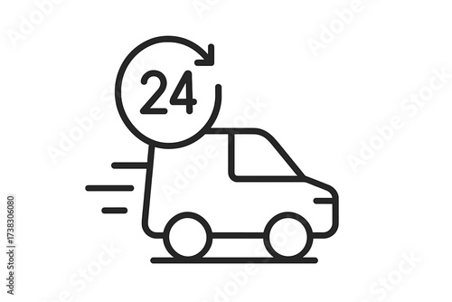 Fast delivery truck icon. 24 hours shipping service. Express delivery car symbol. Logistics and transportation. E-commerce concept. Around the clock order fulfillment vector.