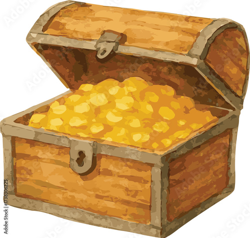Watercolo vector illustartion of a historic chest with gold money