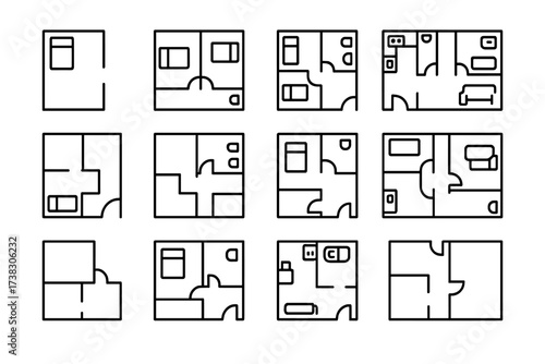 Floor plan line icon set. Architecture and interior design symbols. House and apartment layout blueprint with furniture from top view. Editable stroke vector for real estate.