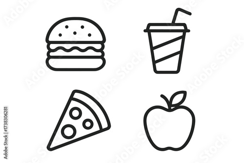 Food choice icon set. Line art vector icons of fast food and healthy fruit. Hamburger, pizza, soda and apple. Concept for nutrition, diet, menu, website, app design. Isolated.