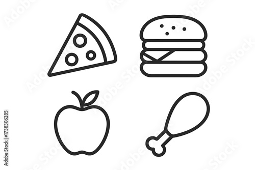 Food icon set. Pizza, burger, apple, chicken leg line icons. Healthy and unhealthy meal choice concept. Fast food versus fruit. Nutrition, diet symbol for web, app, logo design.