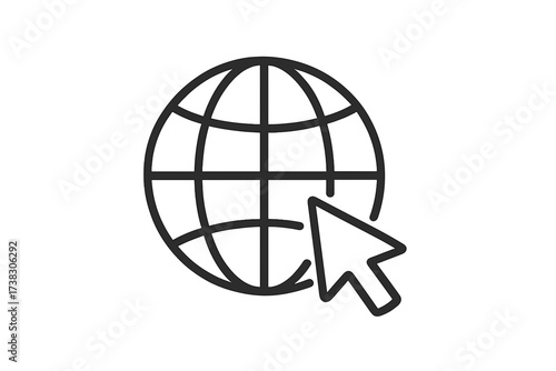 Go to web icon. Globe and cursor, internet symbol. Website browser, click link sign. Global network connection concept. Line art vector illustration for logo, app, UI design.