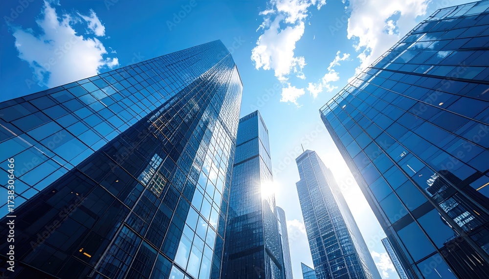 Naklejka premium Low Angle View of Modern Glass Skyscrapers Against Blue Sky with White Clouds Sunny Day Reflective Surfaces Contemporary Architecture Urban Landscape