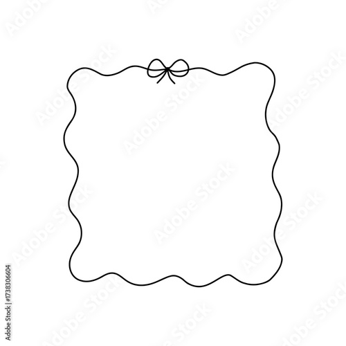 Whimsical wavy square frame with a delicate bow ribbon on top. Cute and coquette style, perfect for girly designs, packaging, invitations, or aesthetic social media content. Vector illustration