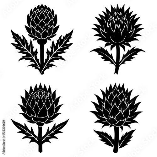 Four stylized artichoke flower designs in black and white vector illustration art for decoration use