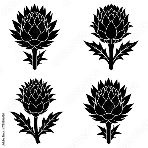 Four stylized black artichoke flower heads with leaves on a white background in a vector format