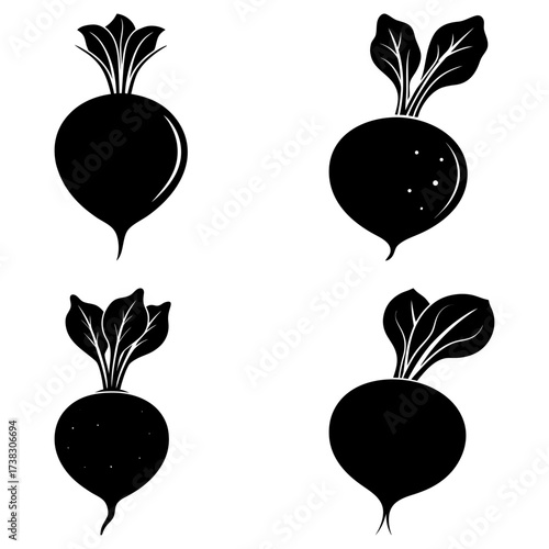 Four stylized black beetroots with green leaves in a simple graphic design on a white background
