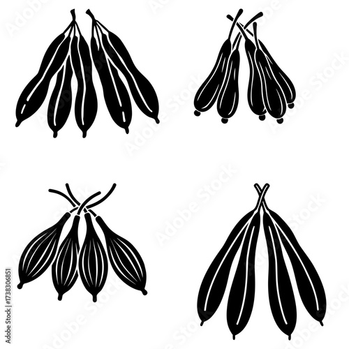 Four stylized black and white clusters of pod like shapes with stems and pointed ends illustrated