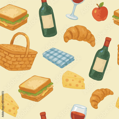 Seamless vector pattern with picnic stuff items repeating