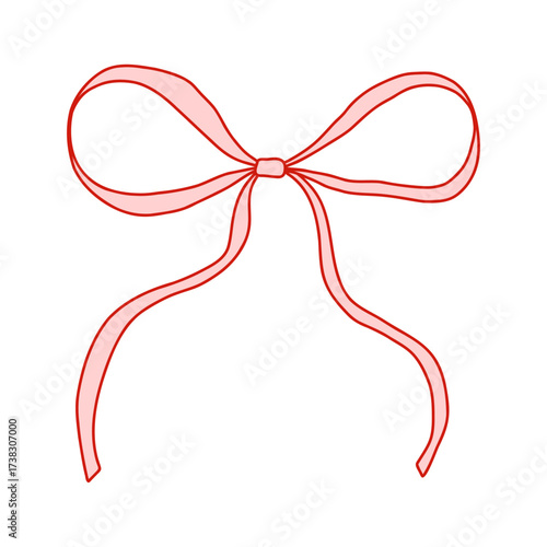 Coquette whimsical pink bow with flowing curly ribbon and red outline. Feminine romantic design for Valentines Day, Christmas, cards, packaging, scrapbooking, invitations, and branding.