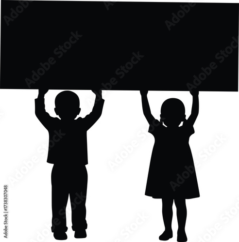 Boy and girl children holding a blank sign with a vector illustration of a team silhouette, perfect for business or child-themed banners and cards