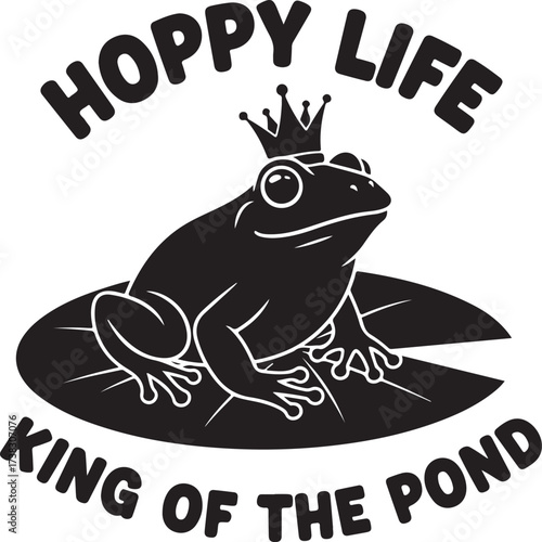 A regal frog wearing a crown sits on a lily pad silhouette on transparent background