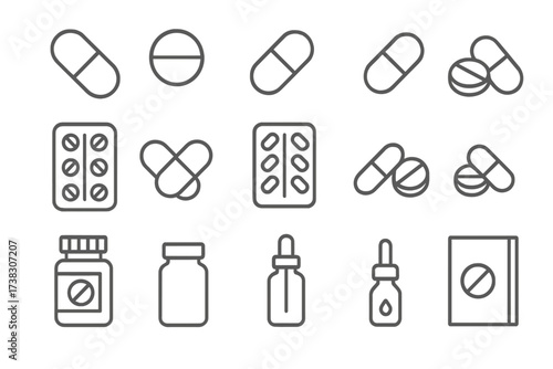 Pills and medicine line icons set. Pharmacy, healthcare and medical symbols. Vector collection of capsule, tablet, drug bottle, blister pack. Editable stroke illustration.