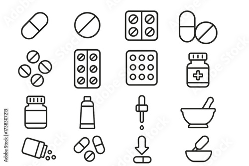 Medicine line icons set. Pills, tablets, capsules, drugs. Pharmacy, prescription, healthcare, treatment symbols. Medical cross, bottle, mortar and pestle vector illustration.