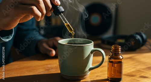 Hand adding drops of wellness oil to a steaming morning coffee.