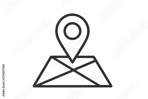 Map pin on folded map line icon. GPS navigation & destination pointer. Geolocation symbol for web, app, UI design. Address & location finder. Route direction vector sign.