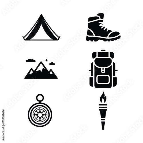 Camping and hiking icons set with tent backpack boot compass mountain and torch illustration