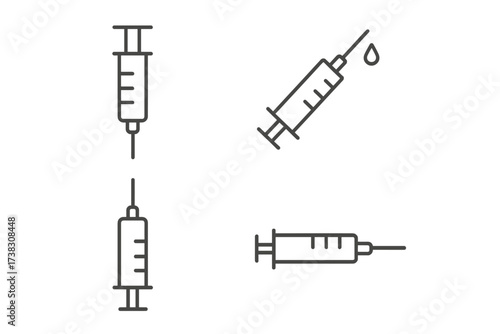 Syringe icon set. Medical injection and vaccination outline symbols. Linear vector illustration for healthcare, medicine, and science. Editable stroke. Isolated on white background.