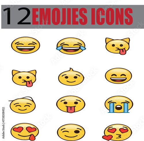 12 EMOJIES ICONS,ICONS,COLOUR ICONS,SET,SMILS,SYMBOL,SMILE,