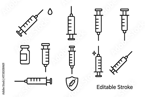 Syringe and vaccine vial line icon set. Medical injection, dose, and immunization concepts. Editable stroke vector graphics for web, apps, print. Healthcare illustration.