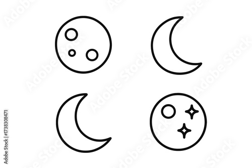 Moon and crescent line icon set. Simple isolated vector collection for web, apps. Celestial, lunar phase symbols. Editable stroke. Astronomy pictogram outline design element.