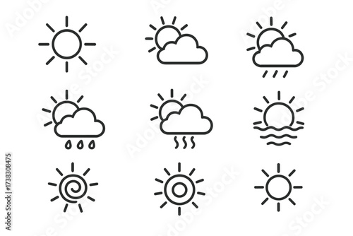 Weather forecast line icon set. Sun, cloud, rain, heatwave, sunrise vector symbols. Simple outline pictograms for web, app, UI. Sunny, cloudy, rainy day weather concepts.