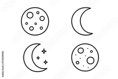 Moon and crescent simple line icon collection. Editable stroke vector set. Suitable for web, apps. Full moon with craters, night sky with stars. Astronomy, astrology symbols.