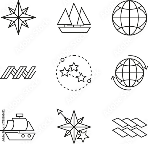 Collection of minimalist black line art nautical and exploration icons with compasses, ships, globes, stars and arrows for adventure design