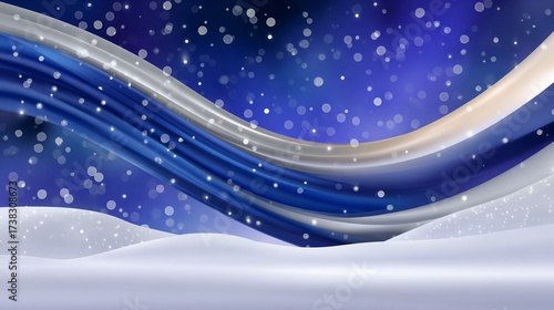 Abstract winter background with snowy hills, falling snow and curved blue and silver lines on a starry night sky