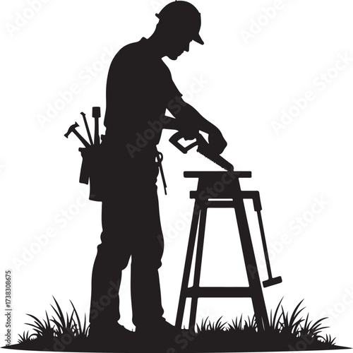 Silhouette of a carpenter using a saw on a workbench