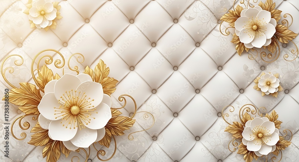 Obraz premium Luxury white leather texture background with golden flowers and leaves