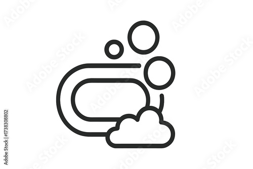 Soap bar line icon with foam and bubbles. Vector symbol of washing, hygiene, cleanliness. Personal body care, bathroom, and spa concept. Outline illustration for web, app, logo.