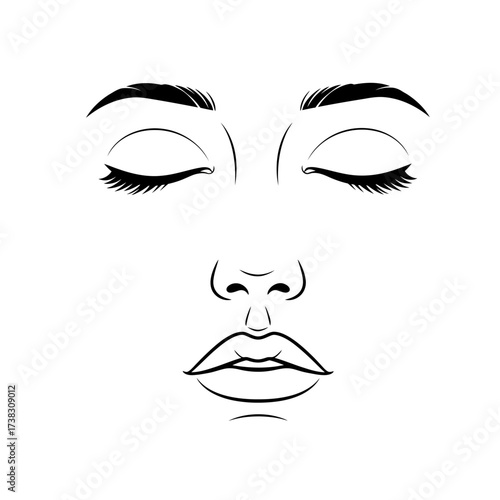 Minimalist woman face closed eyes line art tranquility, peace, serenity, elegant continuous line drawing, black and white sketch isolated on white background illustration.