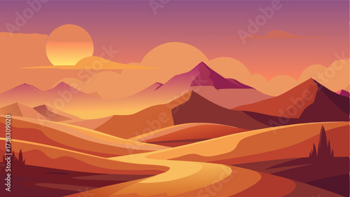 A tranquil desert scene with rolling hills leading to a distant mountain range silhouetted by the setting sun.