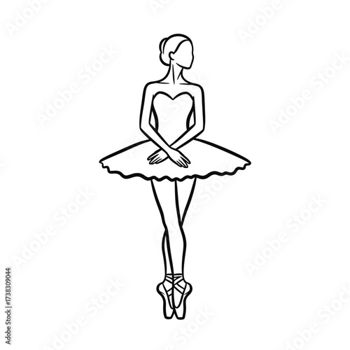 Graceful ballerina tutu illustration elegant line art, posture, discipline, ballet dance sketch, minimalist black and white drawing isolated on white background artwork.