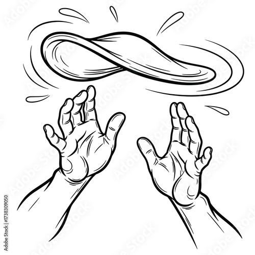 Hands tossing pizza dough sketch playful culinary line art, food illustration, dynamic motion black and white artwork isolated on white background restaurant design.