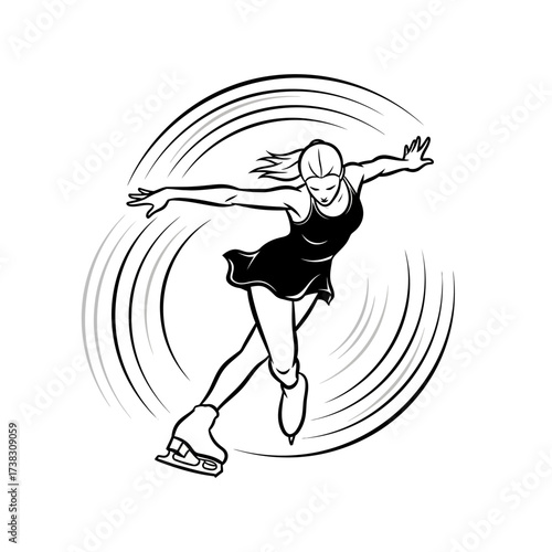Figure skater spinning line art graceful motion illustration, ice skating balance, minimalist black and white sports sketch isolated on white background artwork.