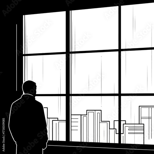 Man at window cityscape illustration rainy day sketch, somber mood, conceptual black and white line art, solitude artwork isolated on white background design.