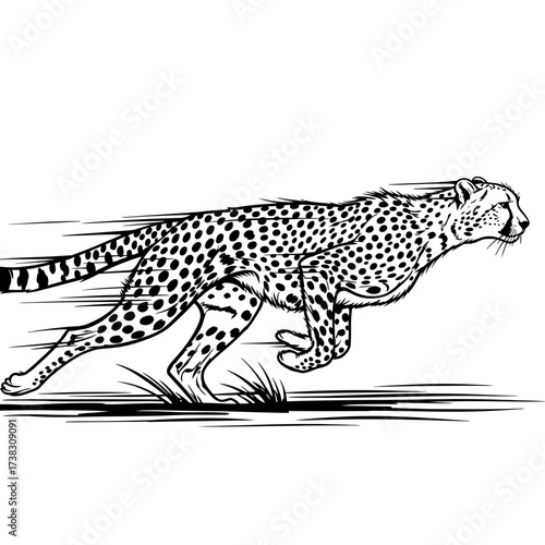 Cheetah sprinting line art sketch wildlife illustration, speed, agility, power, black and white minimalist drawing isolated on white background animal artwork.