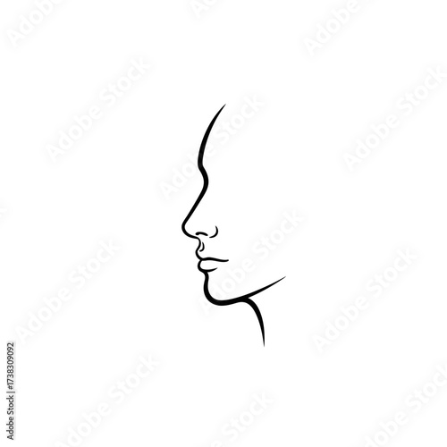 Woman profile face line art elegant minimalist drawing, flowing lines, subtle beauty, black and white sketch isolated on white background artwork illustration.