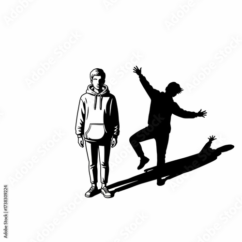 Man shadow leaping illustration symbolic happiness, freedom, duality concept, black and white minimalist sketch isolated on white background artwork drawing.