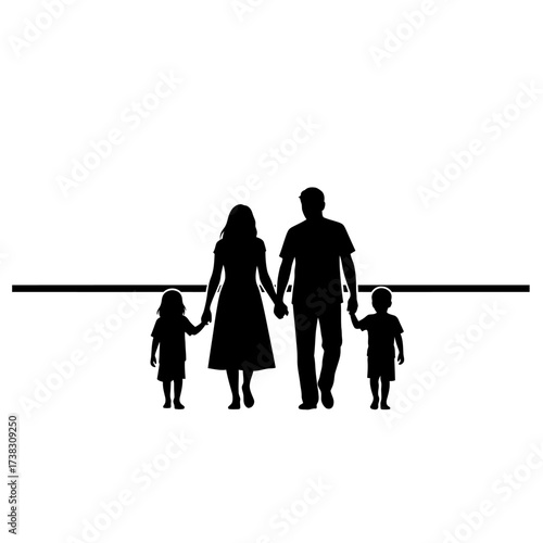 Family walking holding hands line art symbolic unity, love, journey of life, minimalist black and white illustration isolated on white background artwork.